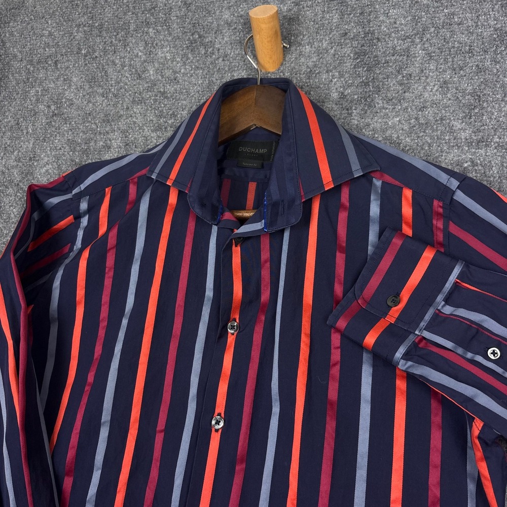 Duchamp Button Front Shirt Mens 15.5 Navy Orange Striped Tailored Fit Portugal